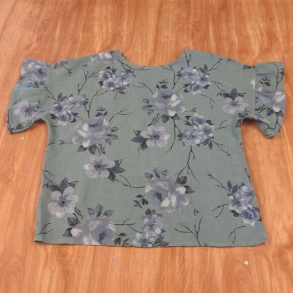 ELENA BALDI Linen Floral Print Flutter Sleeve Blouse Size S Relaxed Fit Boxy Top - Picture 5 of 7